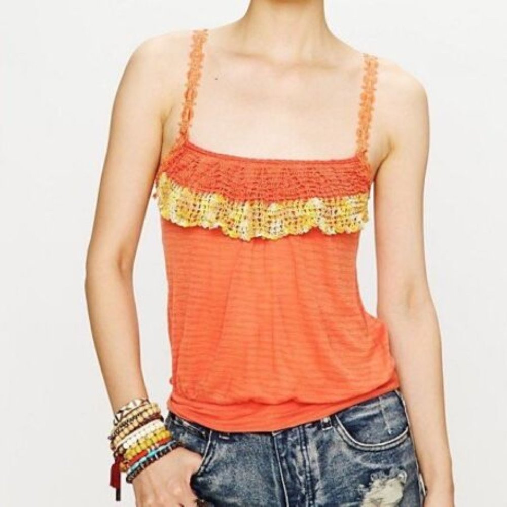 FREE PEOPLE NEW ROMANTICS Top L MAUI WOWIE Embellished Tank Burnout Crochet NWT